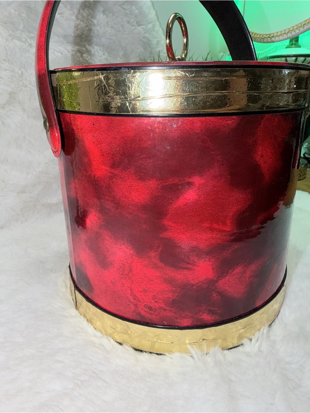 Retro Red Tortoiseshell Vintage Ice Bucket w/Gold Foil Trim Mid Century Modern ๐ - Picture 2 of 7